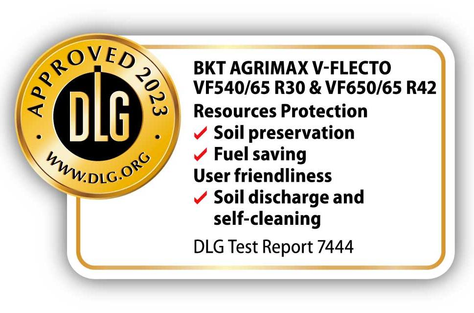 Sõltumatu Saksamaa katseinstituut DLG andis BKT rehvidele AGRIMAX V-FLECTO VF 650/65 R 42 ja VF 540/65 R 30 kvaliteedimärgi DLG-APPROVED.